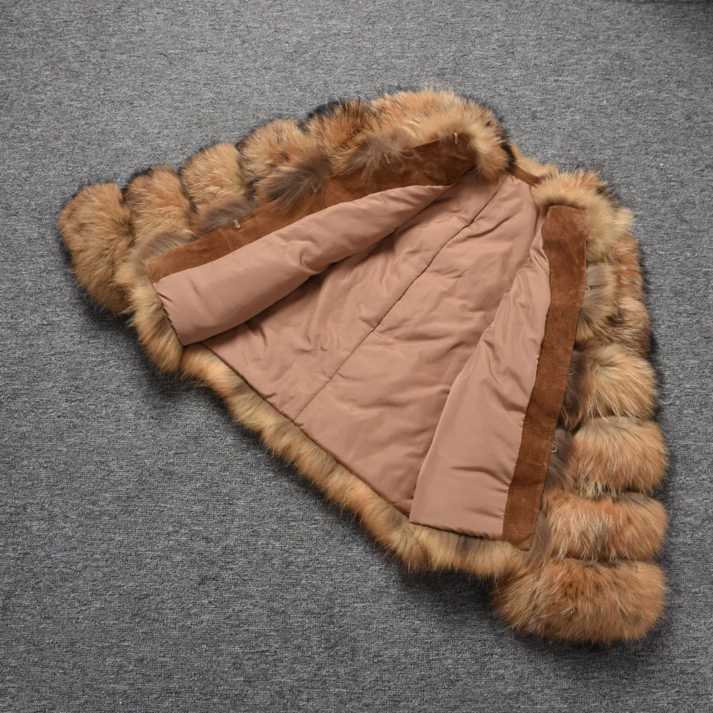 Real Raccoon Fur Jacket Women Winter Coat 5 Rows Long Sleeves