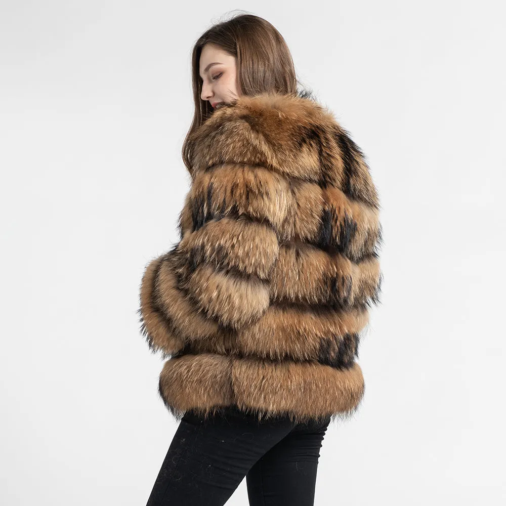 Real Raccoon Fur Jacket Women Winter Coat 5 Rows Long Sleeves