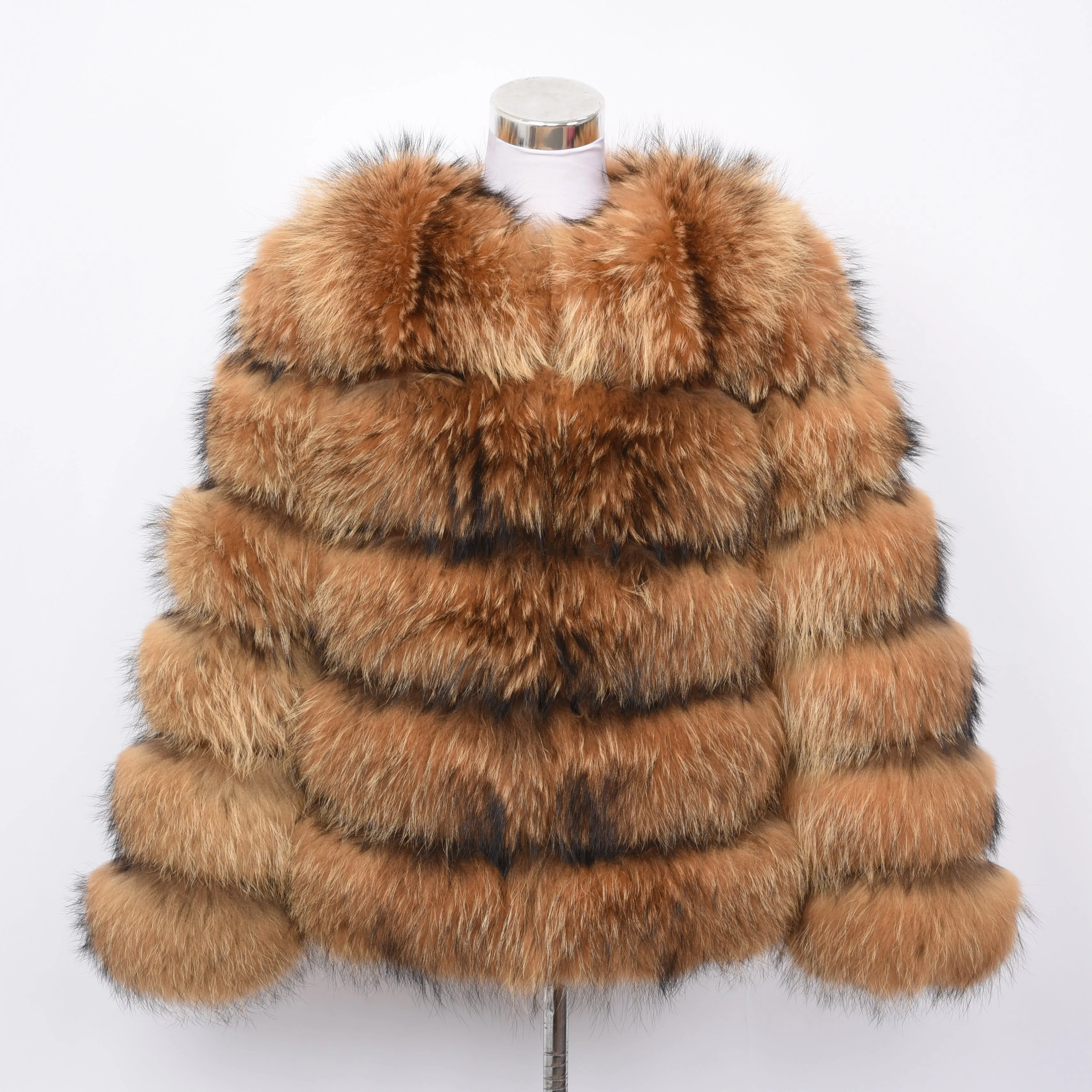 Real Raccoon Fur Jacket Women Winter Coat 5 Rows Long Sleeves