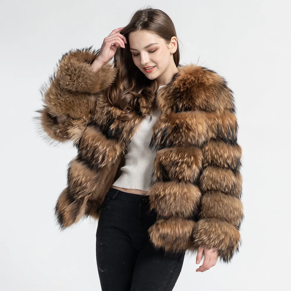 Real Raccoon Fur Jacket Women Winter Coat 5 Rows Long Sleeves