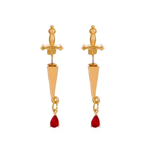 Red Crystal & 18K Gold-Plated Sword Ear Jackets
