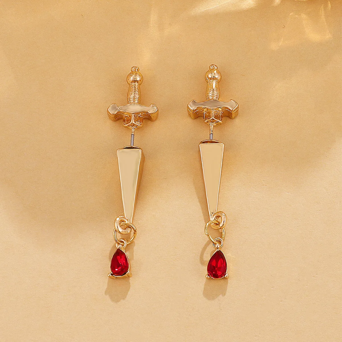 Red Crystal & 18K Gold-Plated Sword Ear Jackets