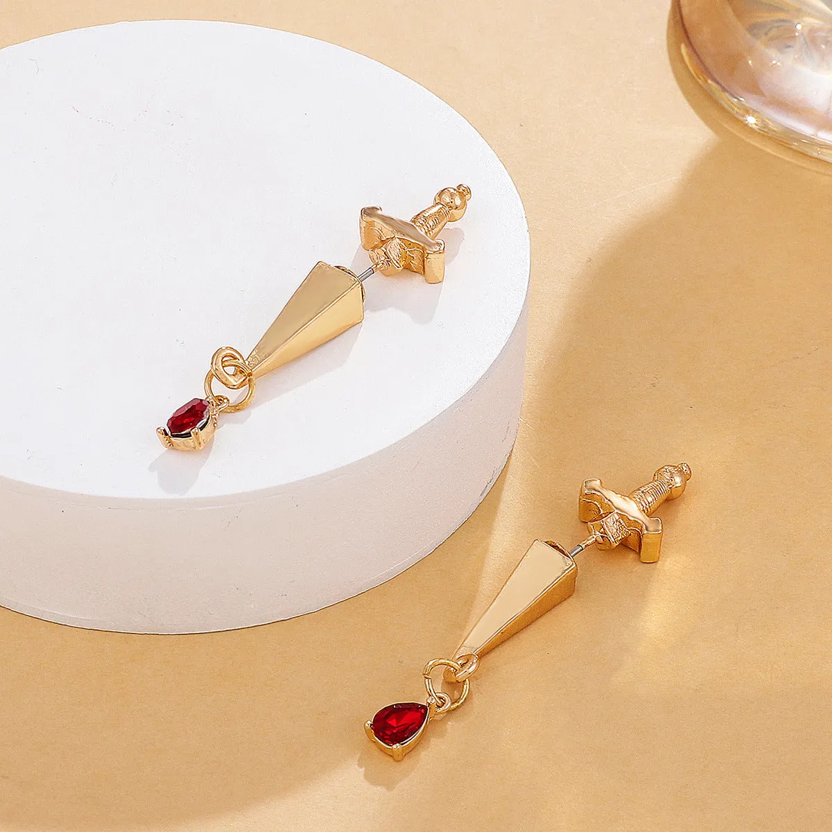 Red Crystal & 18K Gold-Plated Sword Ear Jackets