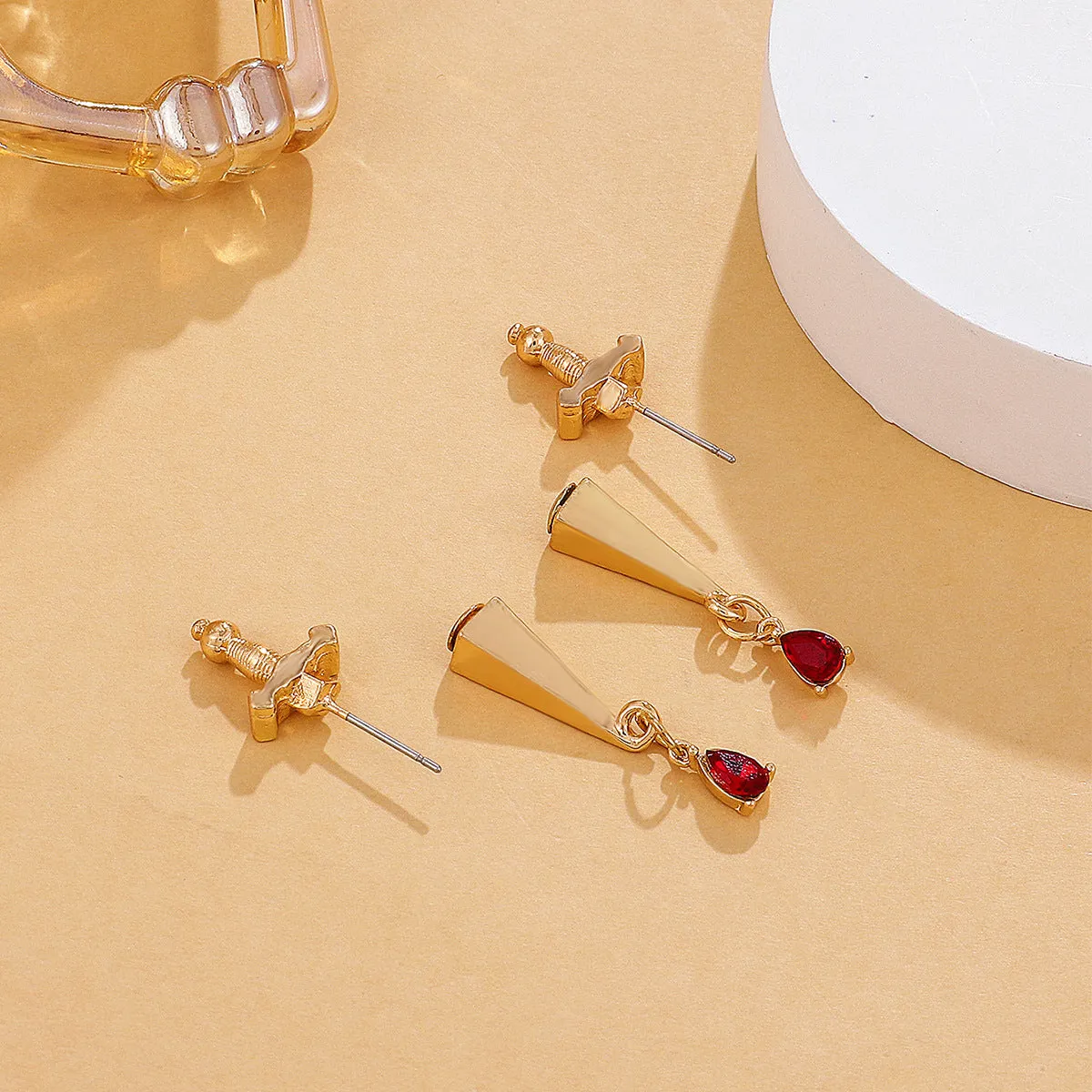 Red Crystal & 18K Gold-Plated Sword Ear Jackets