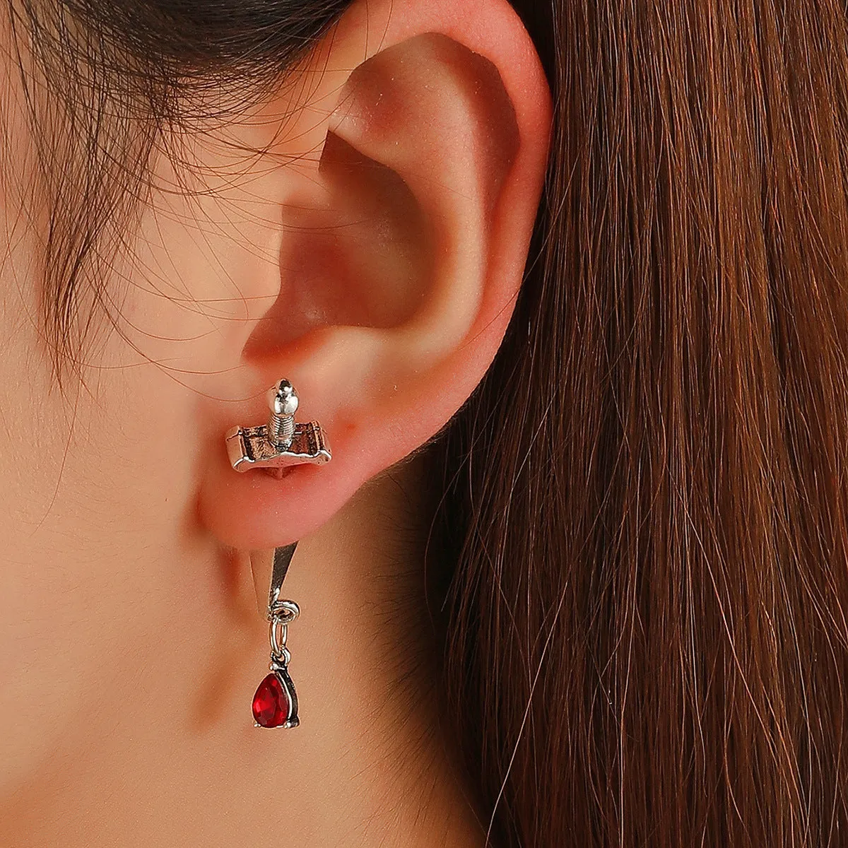 Red Crystal & Silver-Plated Sword Ear Jackets