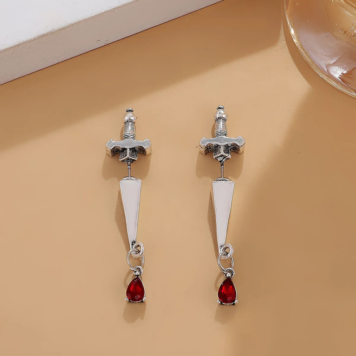 Red Crystal & Silver-Plated Sword Ear Jackets