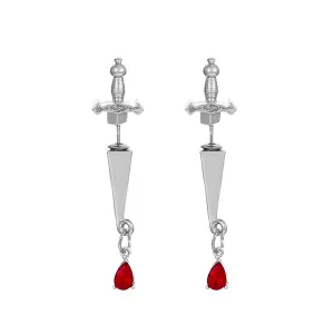 Red Crystal & Silver-Plated Sword Ear Jackets