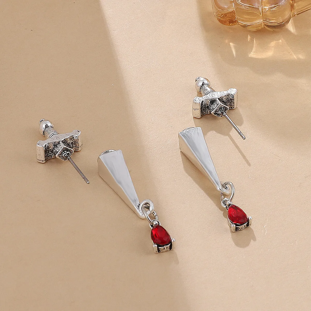 Red Crystal & Silver-Plated Sword Ear Jackets