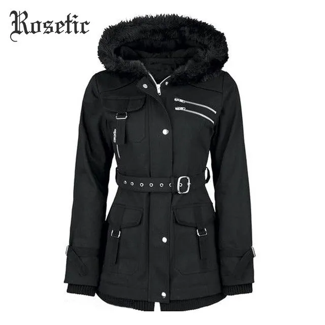 Rosetic Gothic Coat Vintage Women Black Casual Autumn Zippers Belt Hooded Trench Slim Outerwear Punk Streetwear Retro Goth Coats