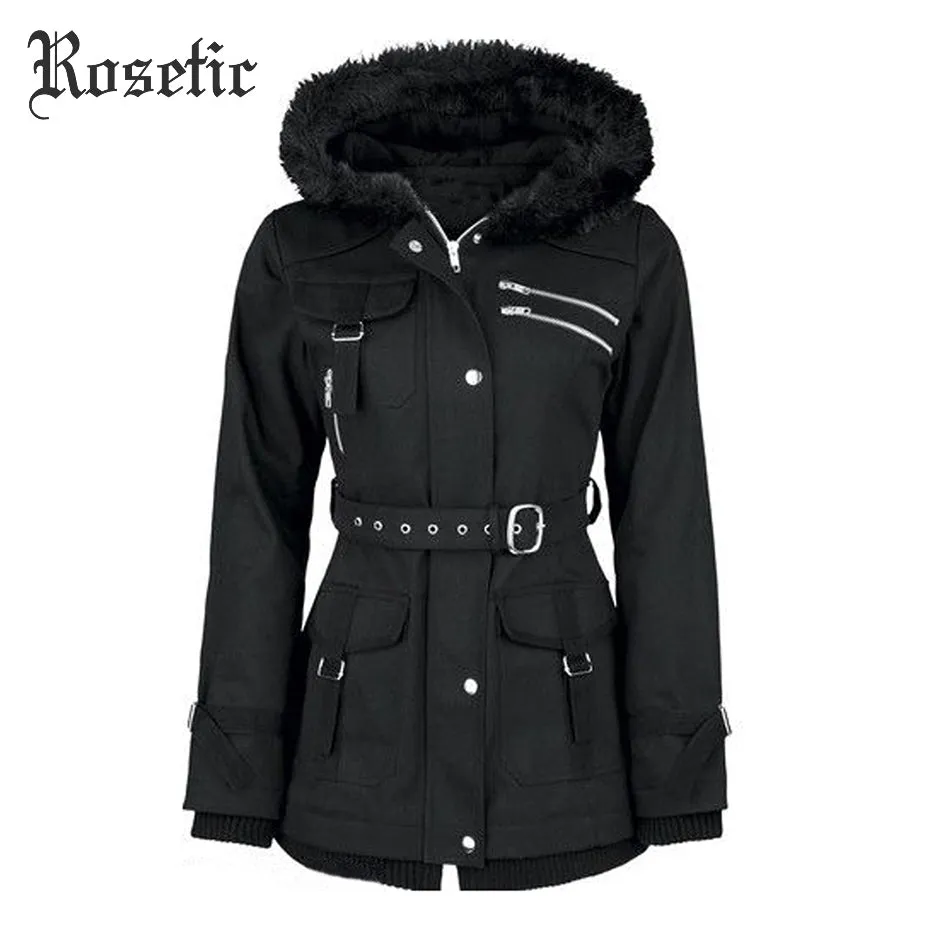 Rosetic Gothic Coat Vintage Women Black Casual Autumn Zippers Belt Hooded Trench Slim Outerwear Punk Streetwear Retro Goth Coats