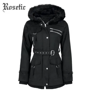 Rosetic Gothic Coat Vintage Women Black Casual Autumn Zippers Belt Hooded Trench Slim Outerwear Punk Streetwear Retro Goth Coats