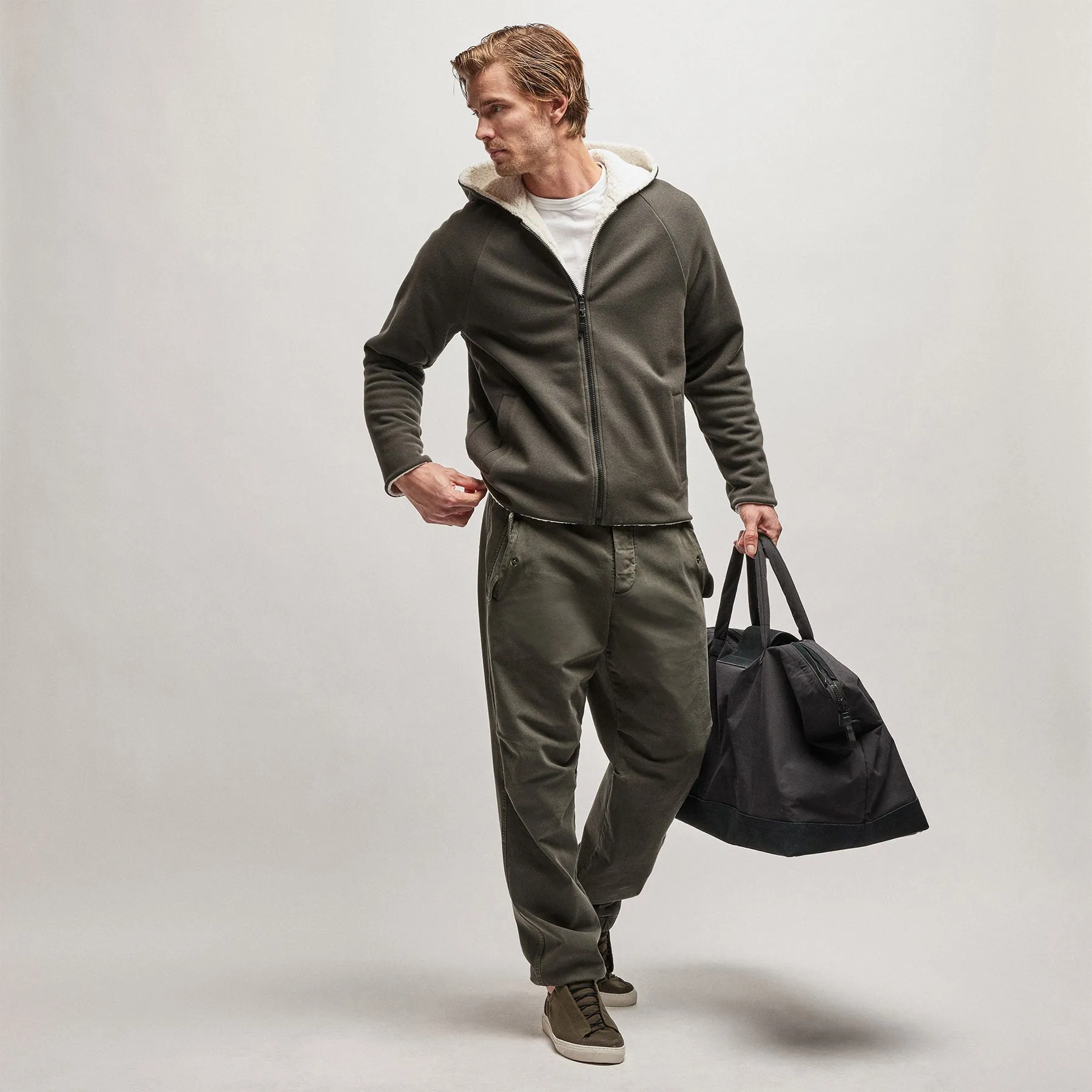 Sherpa Lined Scuba Hoodie - Dark Olive/Cream