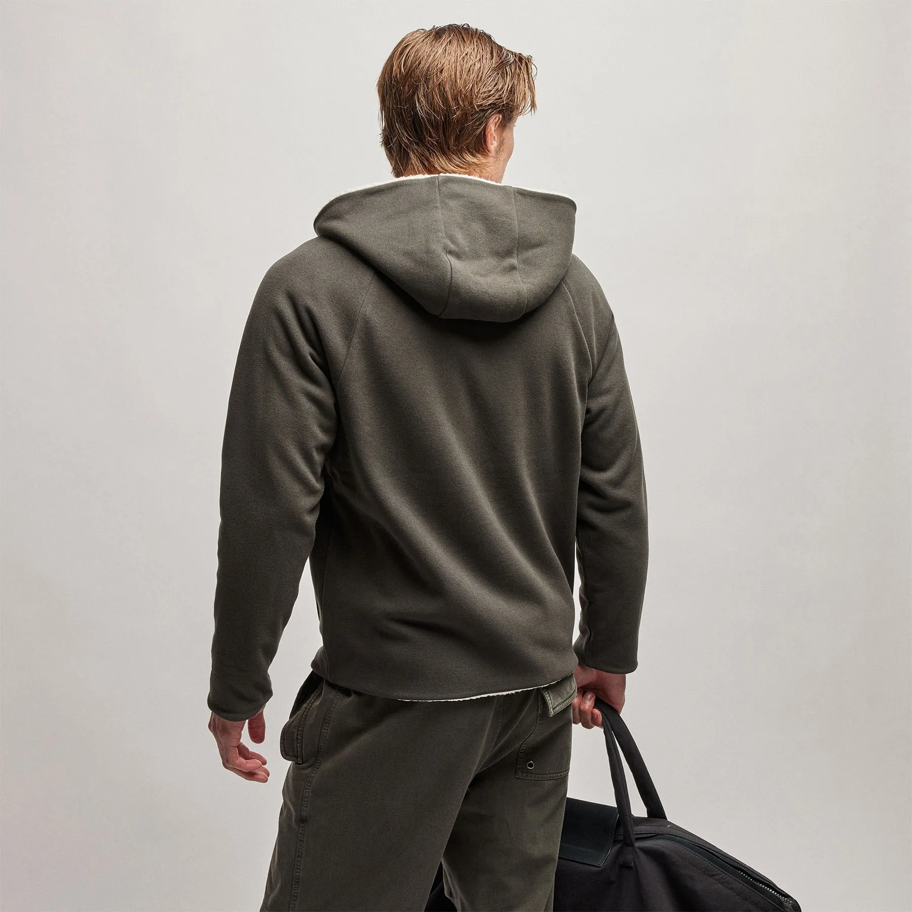 Sherpa Lined Scuba Hoodie - Dark Olive/Cream