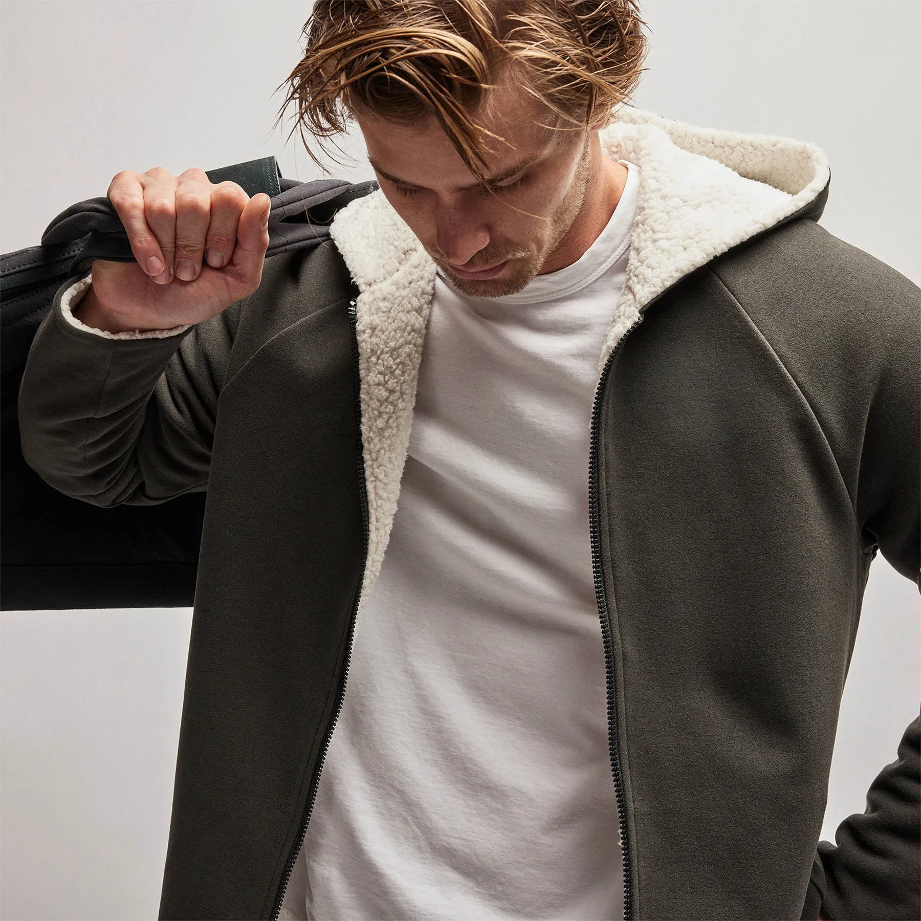 Sherpa Lined Scuba Hoodie - Dark Olive/Cream