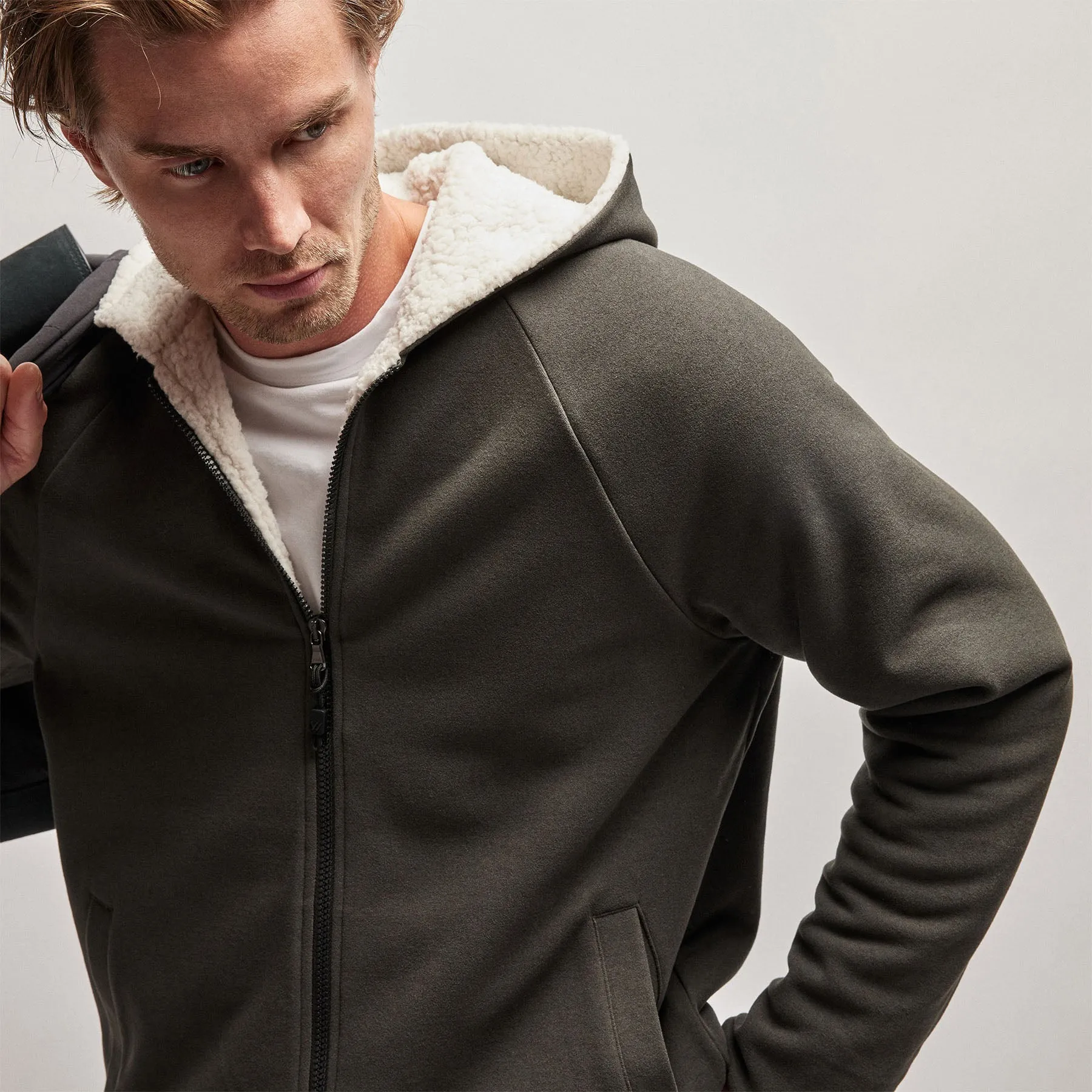 Sherpa Lined Scuba Hoodie - Dark Olive/Cream