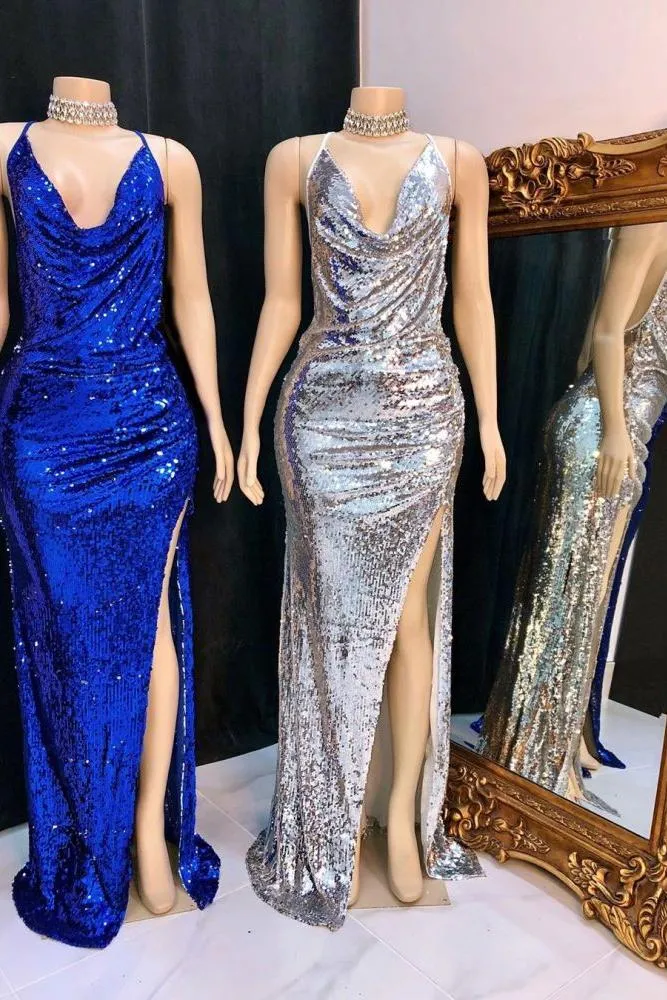 Shinning Sequins V-neck Sleeveless Front Slit Mermaid Prom Dresses