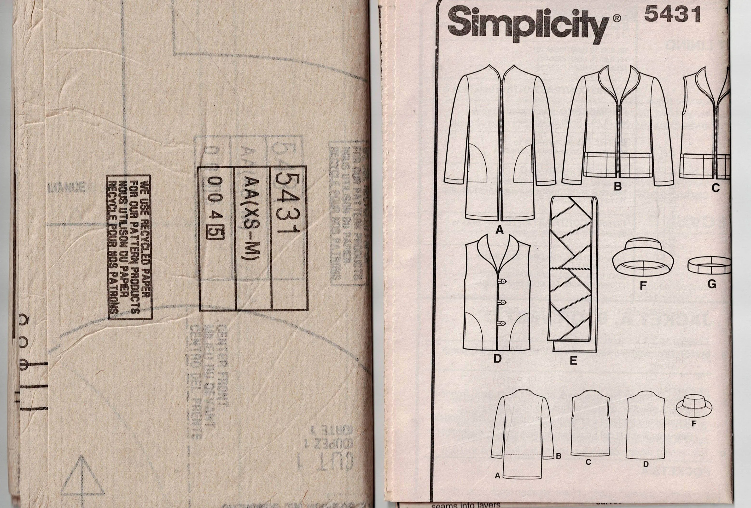 Simplicity 5431 Womens Jacket Coat Vest Scarf & Hat Out Of Print Sewing Pattern Size XS - M UNCUT Factory Folded