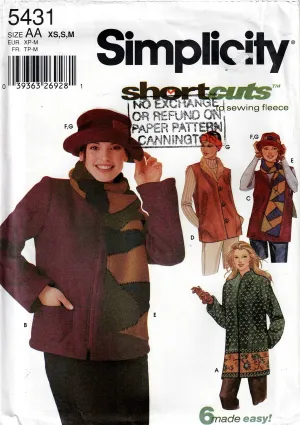 Simplicity 5431 Womens Jacket Coat Vest Scarf & Hat Out Of Print Sewing Pattern Size XS - M UNCUT Factory Folded