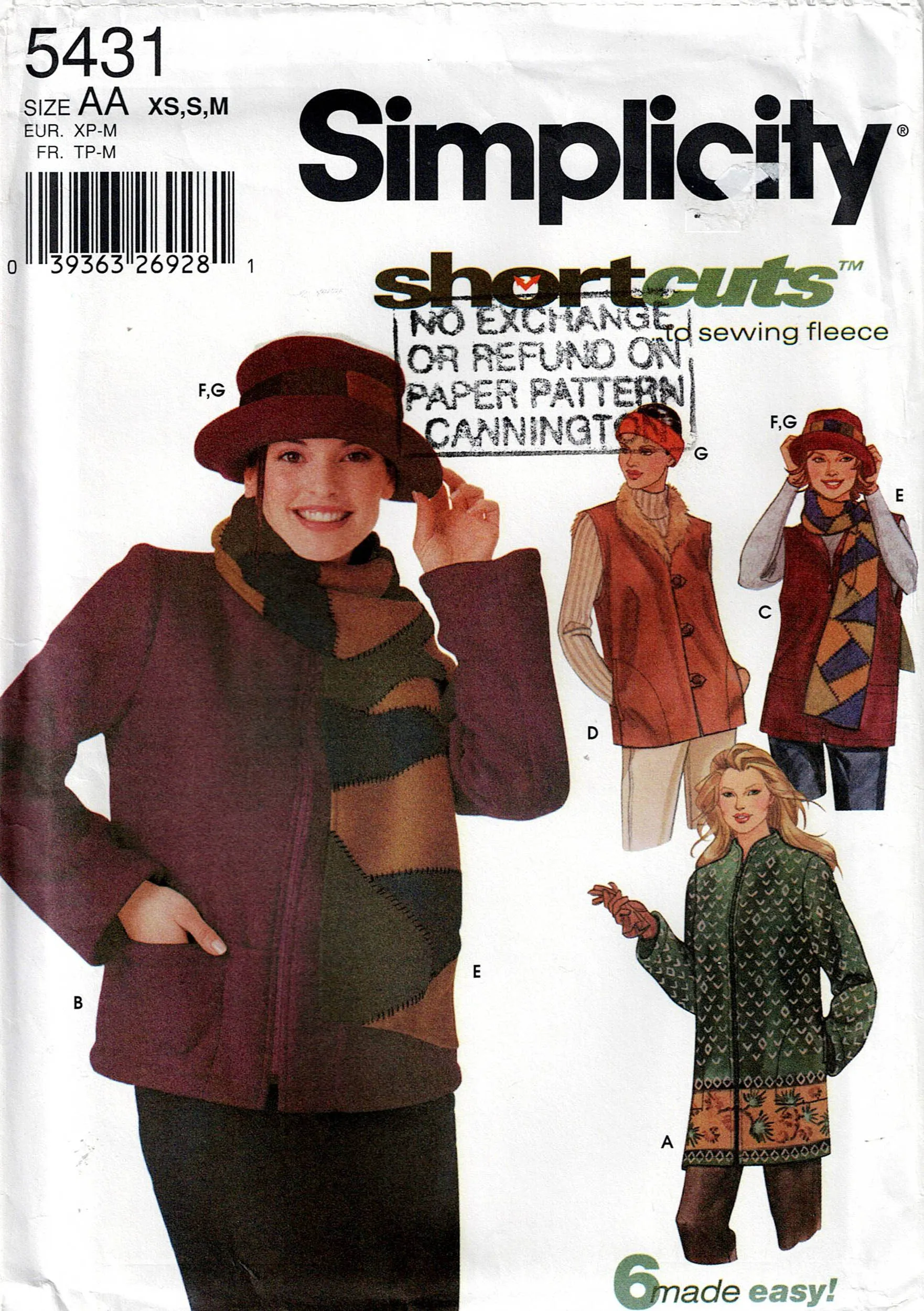 Simplicity 5431 Womens Jacket Coat Vest Scarf & Hat Out Of Print Sewing Pattern Size XS - M UNCUT Factory Folded