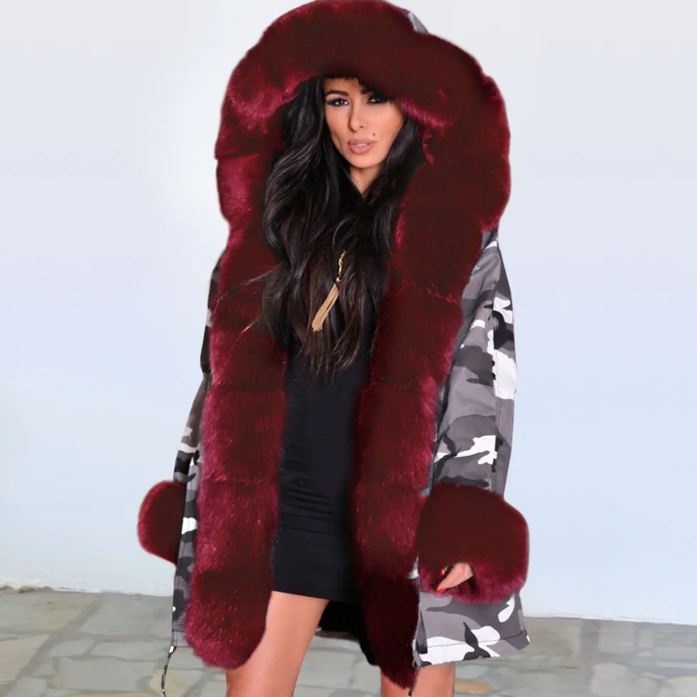Slim Warm Women's Jacket Long Hooded Coat Camouflage Plush Coat