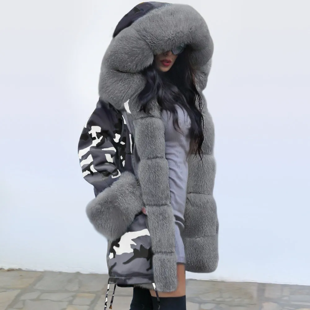 Slim Warm Women's Jacket Long Hooded Coat Camouflage Plush Coat