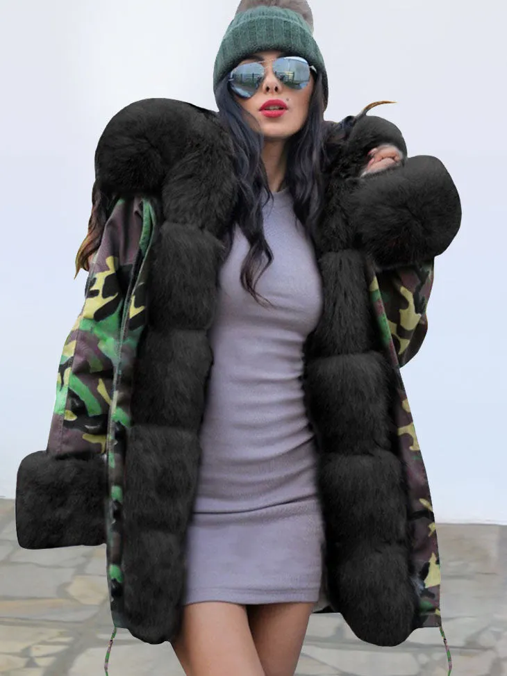 Slim Warm Women's Jacket Long Hooded Coat Camouflage Plush Coat