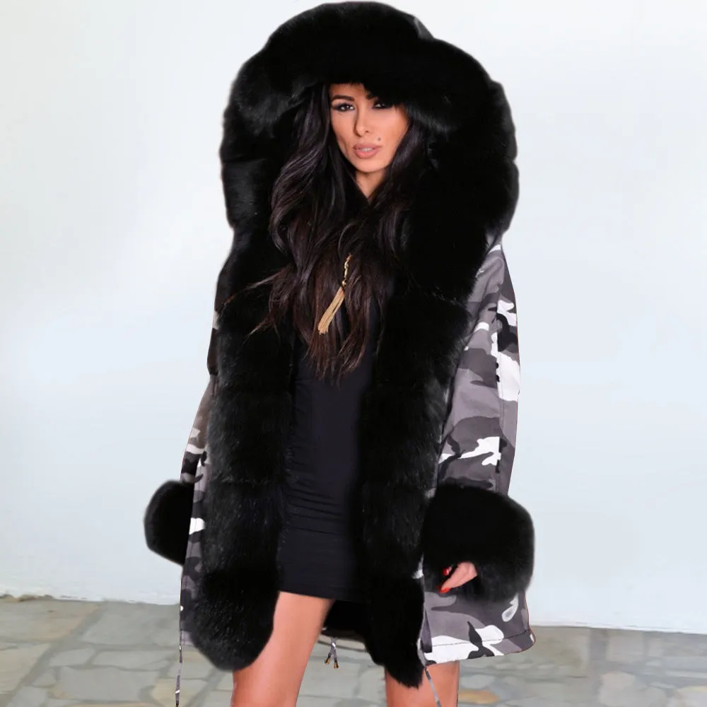 Slim Warm Women's Jacket Long Hooded Coat Camouflage Plush Coat