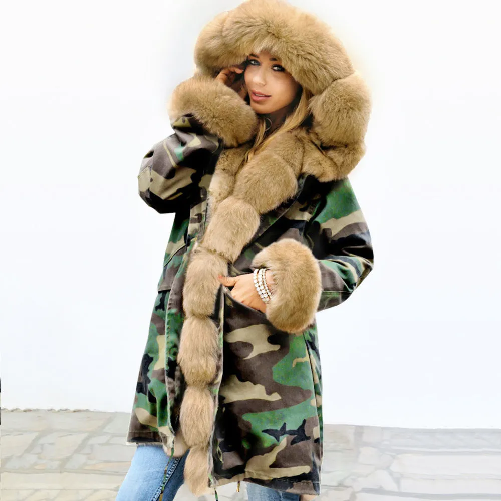 Slim Warm Women's Jacket Long Hooded Coat Camouflage Plush Coat