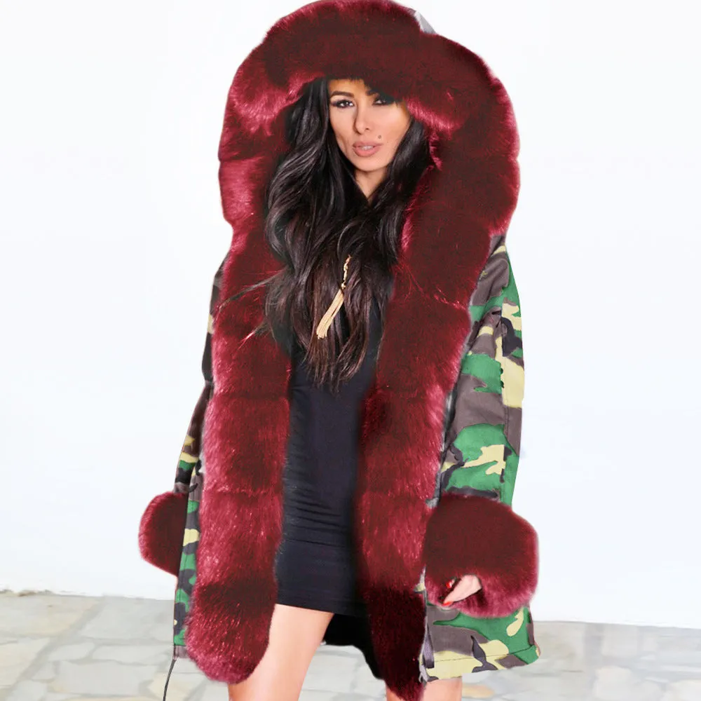 Slim Warm Women's Jacket Long Hooded Coat Camouflage Plush Coat