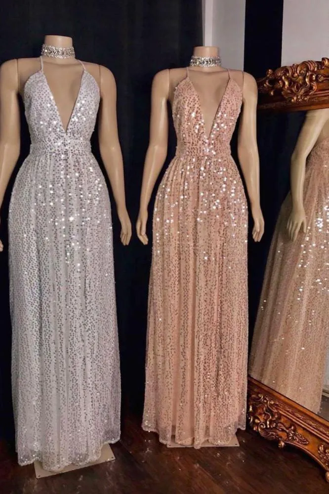 Spaghetti V-neck Polka Sequins Tulle Floor Length Mermaid Prom Dresses