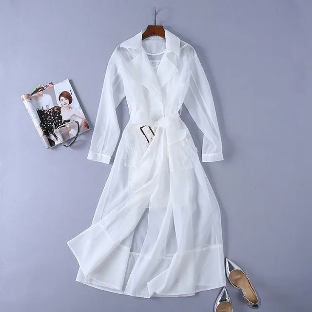 Summer European Runway Women Sexy Organza Through Trench Dress