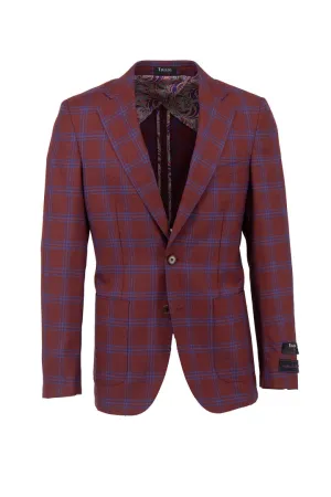 Tiglio Luxe Bordeaux Red with Blue Windowpane Veneto/THP Slim Fit half lined, Pure Wool Jacket TL3303