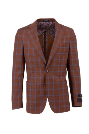 Tiglio Luxe Burn Orange with Blue Windowpane Veneto/THP Slim Fit half lined, Pure Wool Jacket TL4224