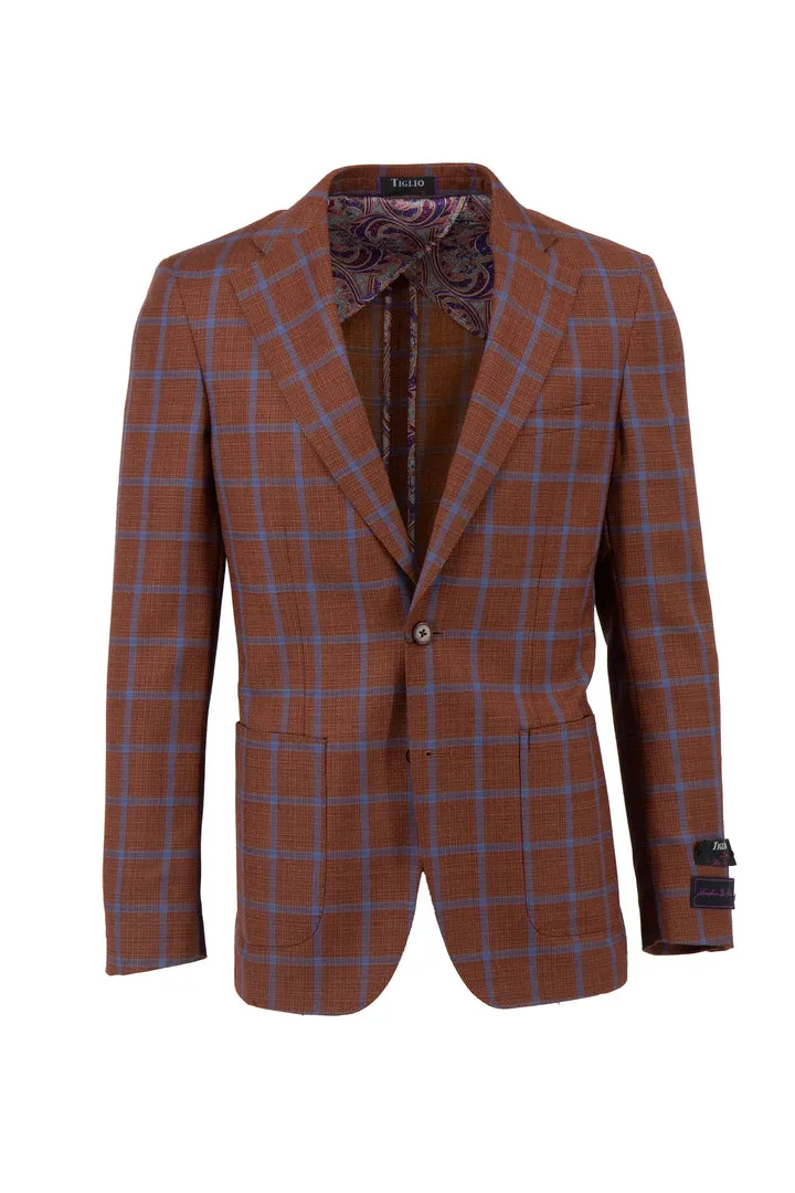 Tiglio Luxe Burn Orange with Blue Windowpane Veneto/THP Slim Fit half lined, Pure Wool Jacket TL4224