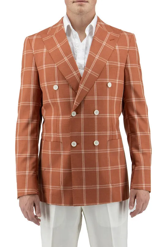 Tiglio Luxe Burnt Orange With Off White Windowpane Santorini /THP Slim Fit Half Lined, Pure Wool Jacket TL2632