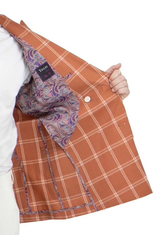 Tiglio Luxe Burnt Orange With Off White Windowpane Santorini /THP Slim Fit Half Lined, Pure Wool Jacket TL2632