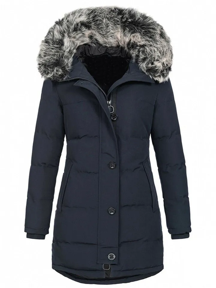 Trendy Slim Faux Fur Collar Hooded Solid Color Coat With Pockets