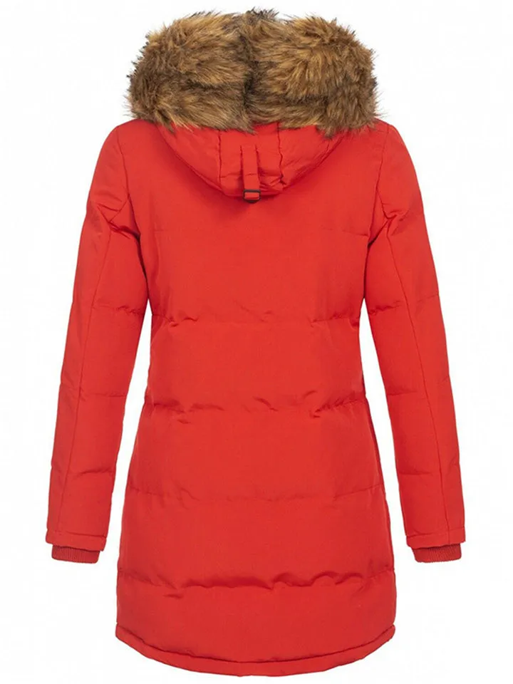 Trendy Slim Faux Fur Collar Hooded Solid Color Coat With Pockets