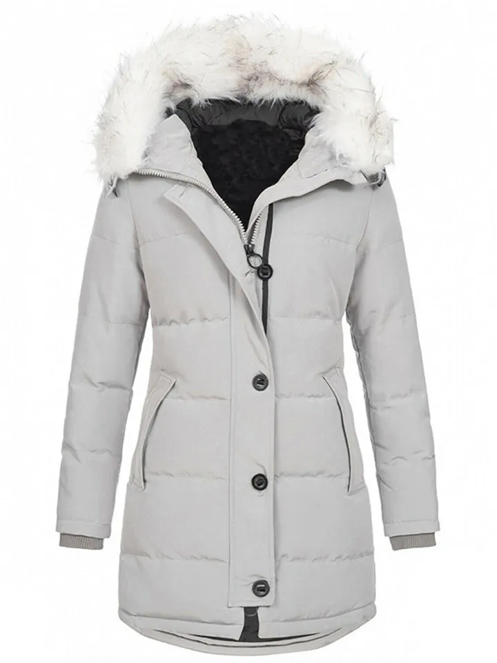 Trendy Slim Faux Fur Collar Hooded Solid Color Coat With Pockets