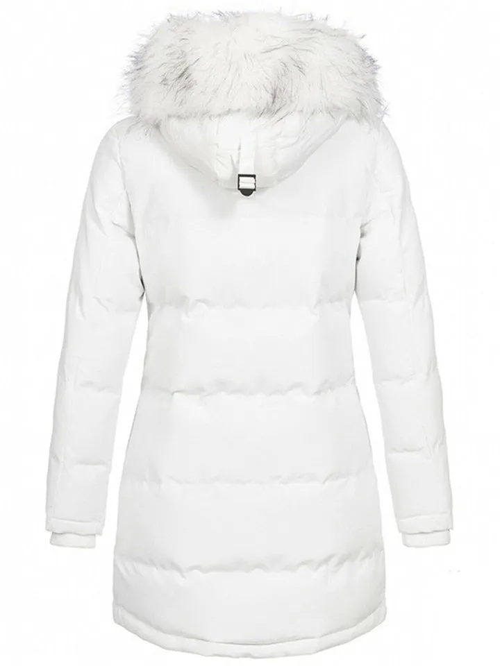 Trendy Slim Faux Fur Collar Hooded Solid Color Coat With Pockets