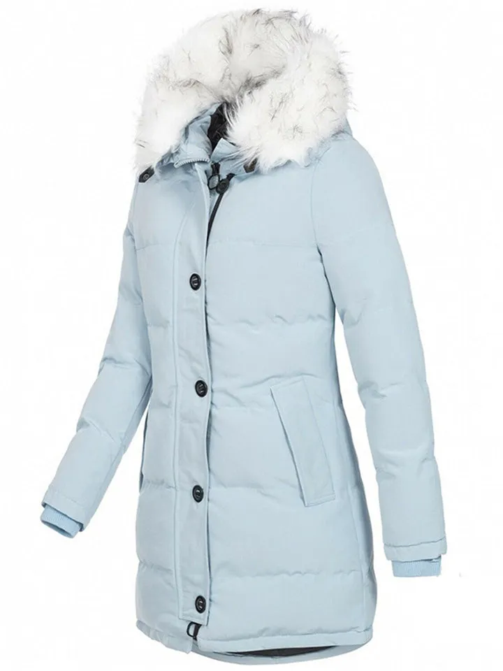 Trendy Slim Faux Fur Collar Hooded Solid Color Coat With Pockets