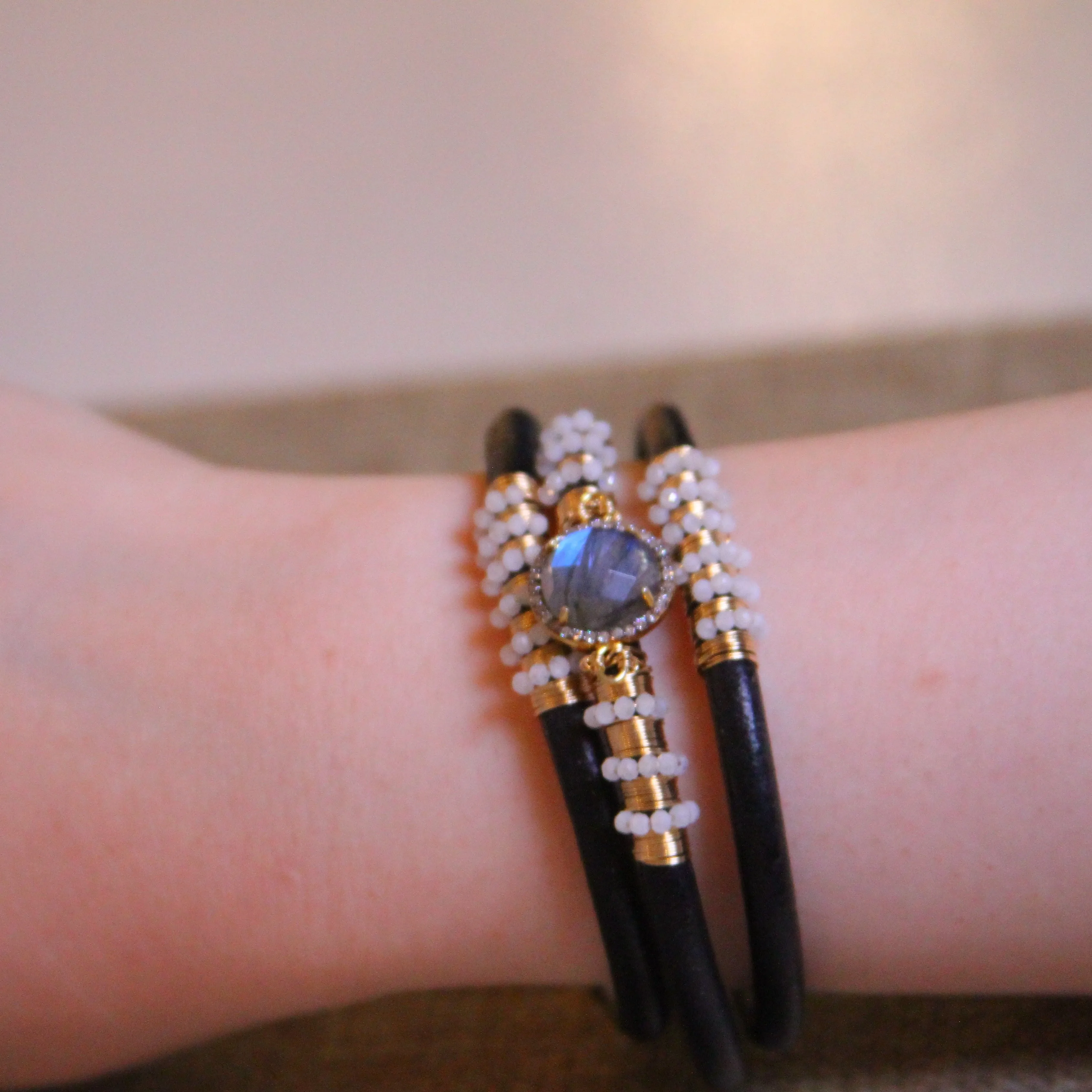 Triple Labradorite Diamond Leather Bracelet