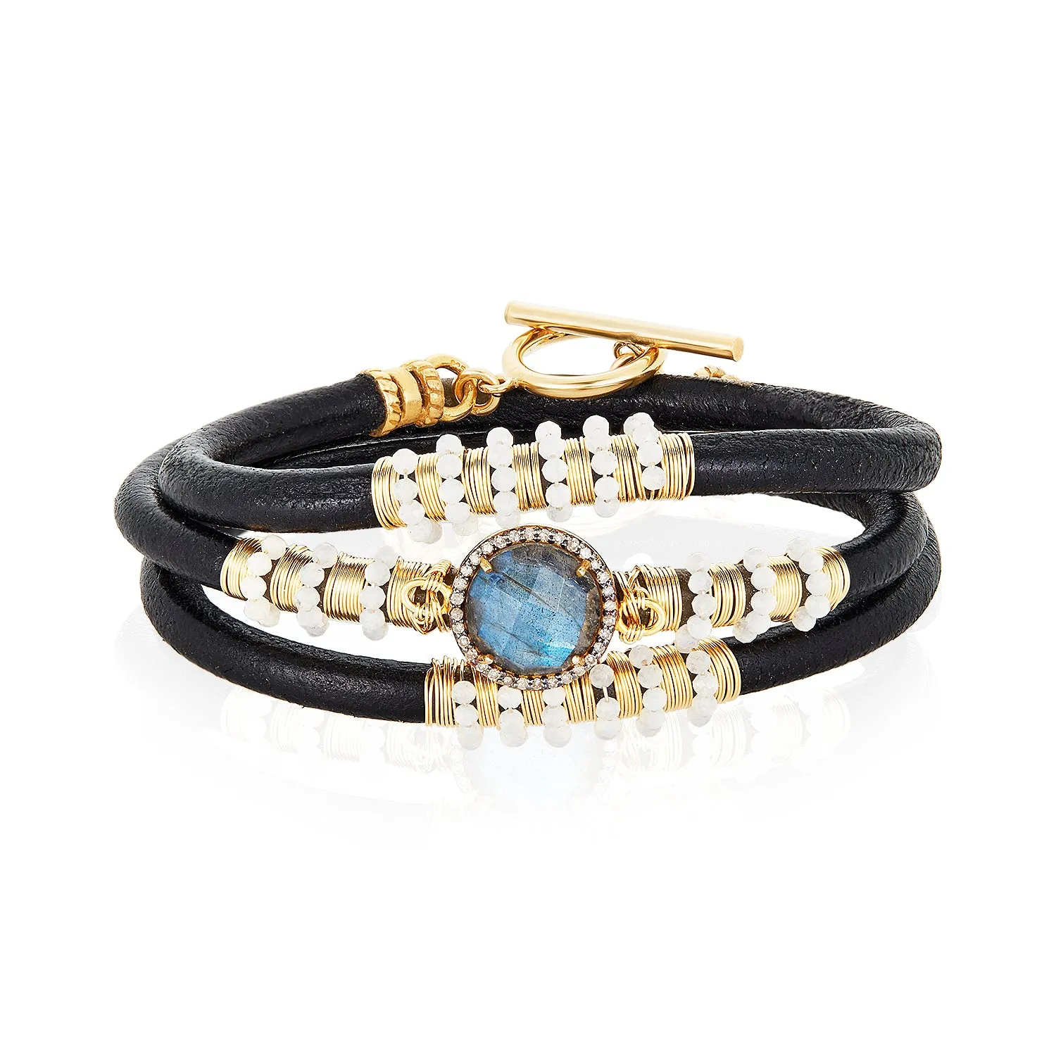 Triple Labradorite Diamond Leather Bracelet