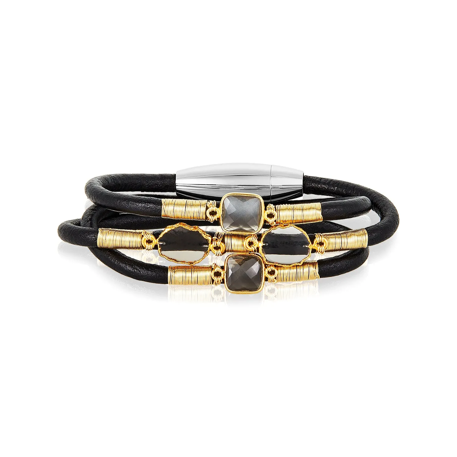Triple Slim Smokey Quartz Leather Bracelet