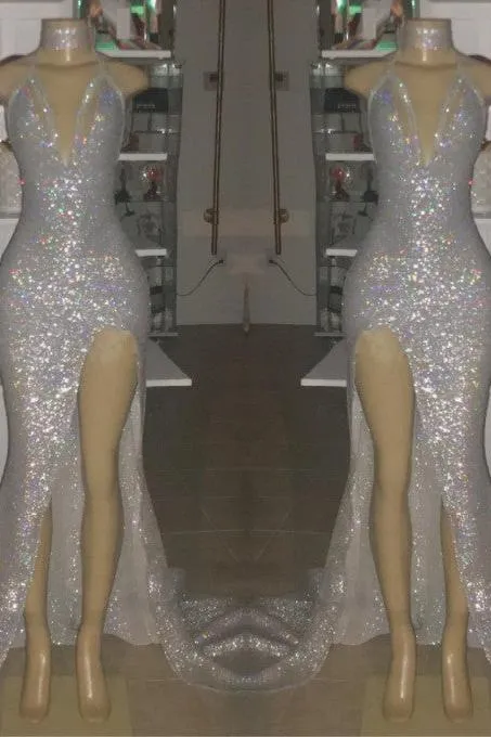 V-neck Sequins Mermaid Front Slit Floor Length Prom Dresses