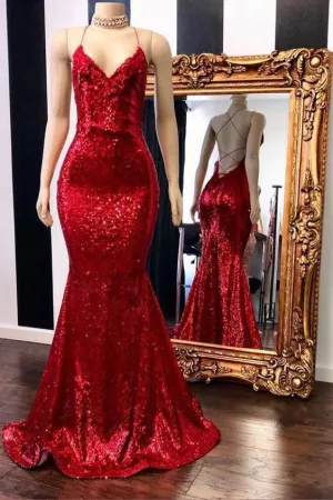 V-neck Sleeveless Spaghetti Sequins Mermaid Long Prom Dresses