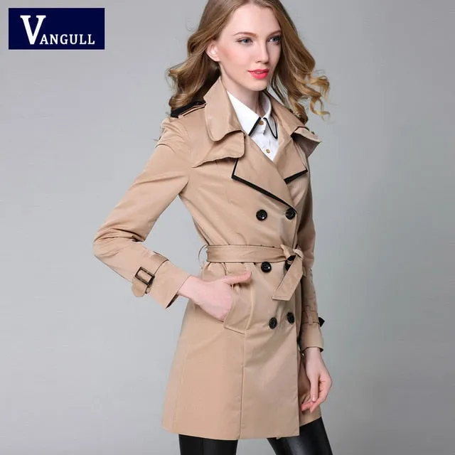 VANGULL 2017 New Fashion Designer Brand Classic European Trench Coat khaki Black Double Breasted Women Pea Coat real photos