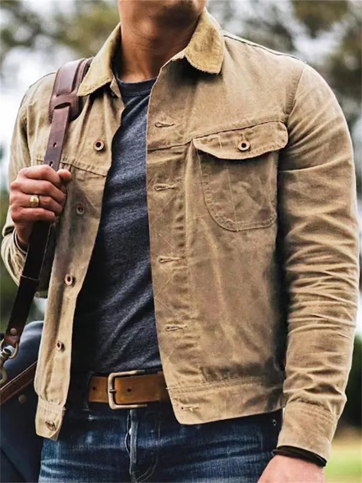 Vintage Oil Waxed Slim Fit Stand Collar Coat for Men