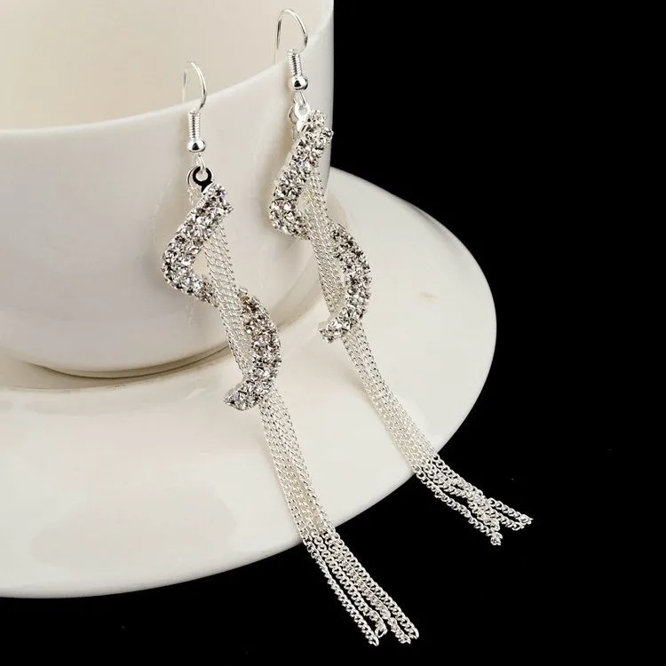 Vintage Tassel Letters Silver Plated Crystal Earrings