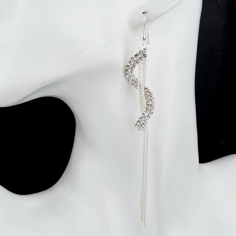 Vintage Tassel Letters Silver Plated Crystal Earrings